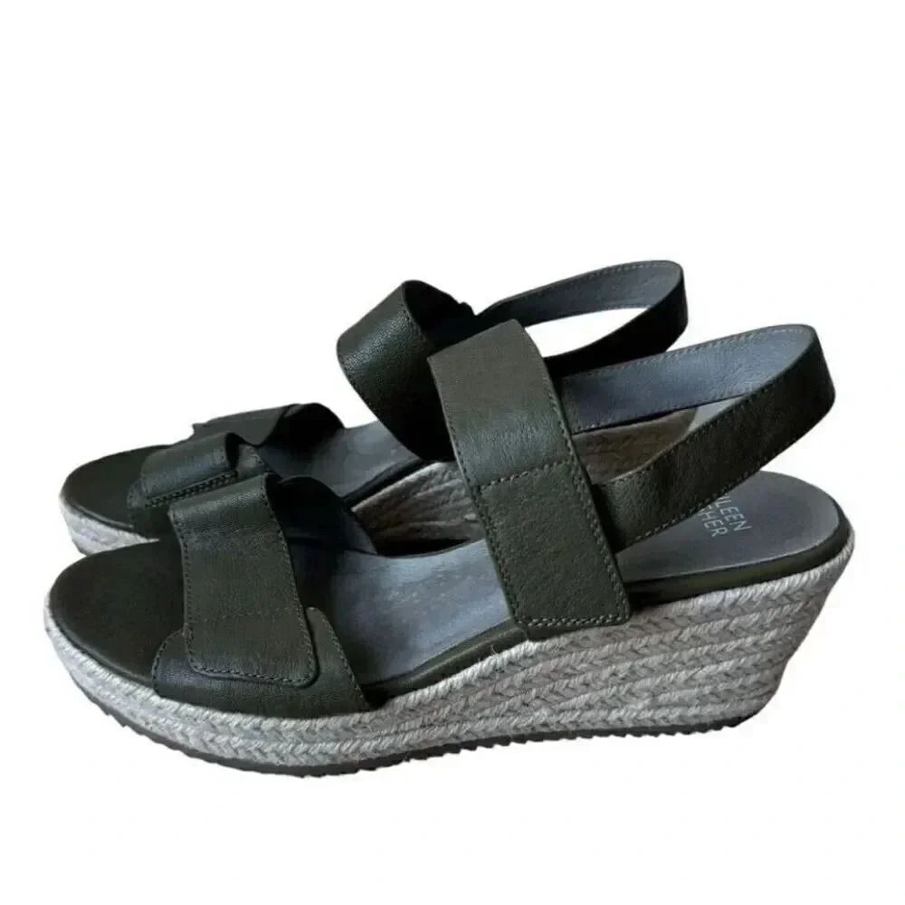 Eileen Fisher Winnie olive green tumbled leather wedge espadrilles shoes Sz 9